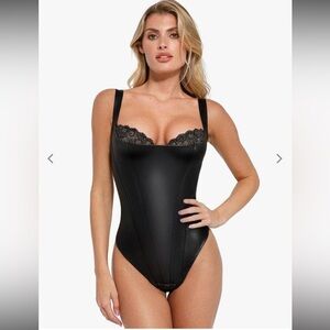 Popilush Black Shapewear Bodysuit with Lace Detail
